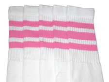 Thigh High White Tube Socks with Bubblegum Pink Stripes